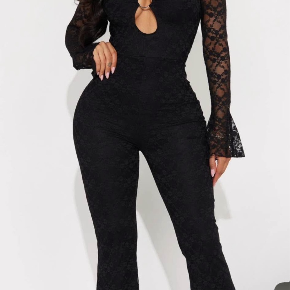 Fashion Nova Black Lace Bell Sleeve Jumpsuit